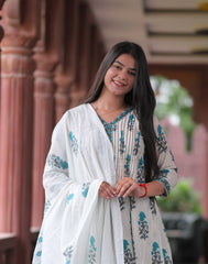 Arihantam Ivory Stripe Bloom Hand-Block Printed Cotton Suit Set With Dupatta