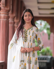 Arihantam Mustard Petal Stripe A-Line Cotton Printed Suit Set