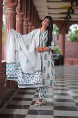 Arihantam Ivory Stripe Bloom Hand-Block Printed Cotton Suit Set With Dupatta