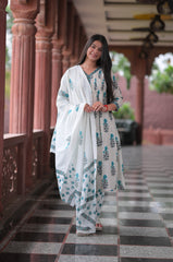 Arihantam Ivory Stripe Bloom Hand-Block Printed Cotton Suit Set With Dupatta