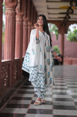 Arihantam Ivory Stripe Bloom Hand-Block Printed Cotton Suit Set With Dupatta