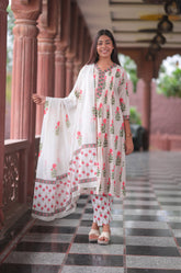 Arihantam Blush Rose Garden Hand-Block Printed Cotton Suit Set With Dupatta