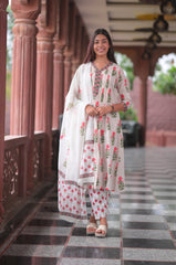 Arihantam Blush Rose Garden Hand-Block Printed Cotton Suit Set With Dupatta
