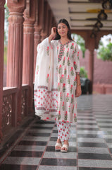 Arihantam Blush Rose Garden Hand-Block Printed Cotton Suit Set With Dupatta