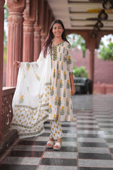 Arihantam Mustard Petal Stripe A-Line Cotton Printed Suit Set