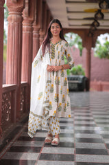 Arihantam Mustard Petal Stripe A-Line Cotton Printed Suit Set