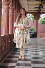 Arihantam Mustard Petal Stripe A-Line Cotton Printed Suit Set