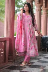 Arihantam Pink Bloom 3-Piece Anarkali Set