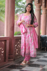 Arihantam Pink Bloom 3-Piece Anarkali Set
