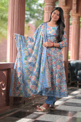 Arihantam Blue Blossom 3-Piece Anarkali Set