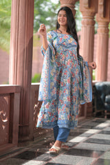 Arihantam Blue Blossom 3-Piece Anarkali Set