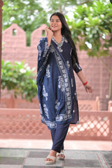 Arihantam Navy Bloom 3-Piece Cotton Kurti Set