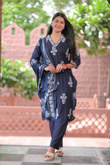 Arihantam Navy Bloom 3-Piece Cotton Kurti Set