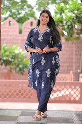 Arihantam Navy Bloom 3-Piece Cotton Kurti Set
