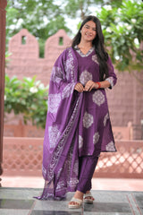 Arihantam Royal Plum 3-Piece Cotton Kurti Set