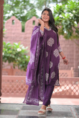Arihantam Royal Plum 3-Piece Cotton Kurti Set