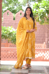 Arihantam Golden Marigold Cotton Anarkali 3-Piece Set