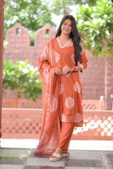 Arihantam Rust Bloom 3-Piece Cotton Kurti Set