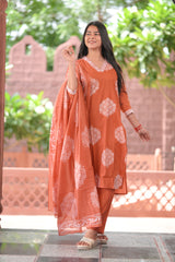 Arihantam Rust Bloom 3-Piece Cotton Kurti Set