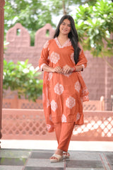 Arihantam Rust Bloom 3-Piece Cotton Kurti Set