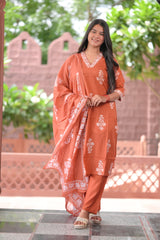 Arihantam Terracotta Grace – 3-Piece Cotton Kurti Set with Dupatta
