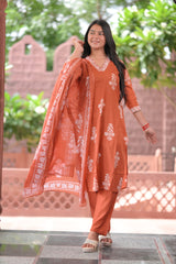 Arihantam Terracotta Grace – 3-Piece Cotton Kurti Set with Dupatta