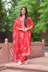 Arihantam Scarlet Vine – 3-Piece Cotton Kurti Set with Dupatta