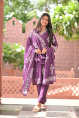 Arihantam Plum Petals – 3-Piece Cotton Kurti Set with Dupatta