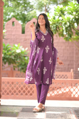 Arihantam Plum Petals – 3-Piece Cotton Kurti Set with Dupatta