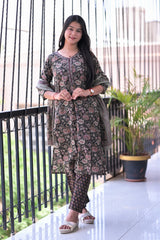 Arihantam Ebony Garden Hand-Block Printed Cotton Suit Set With Dupatta