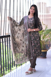 Arihantam Ebony Garden Hand-Block Printed Cotton Suit Set With Dupatta