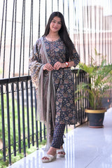 Arihantam Indigo Bloom Hand-Block Printed Cotton Suit Set With Dupatta