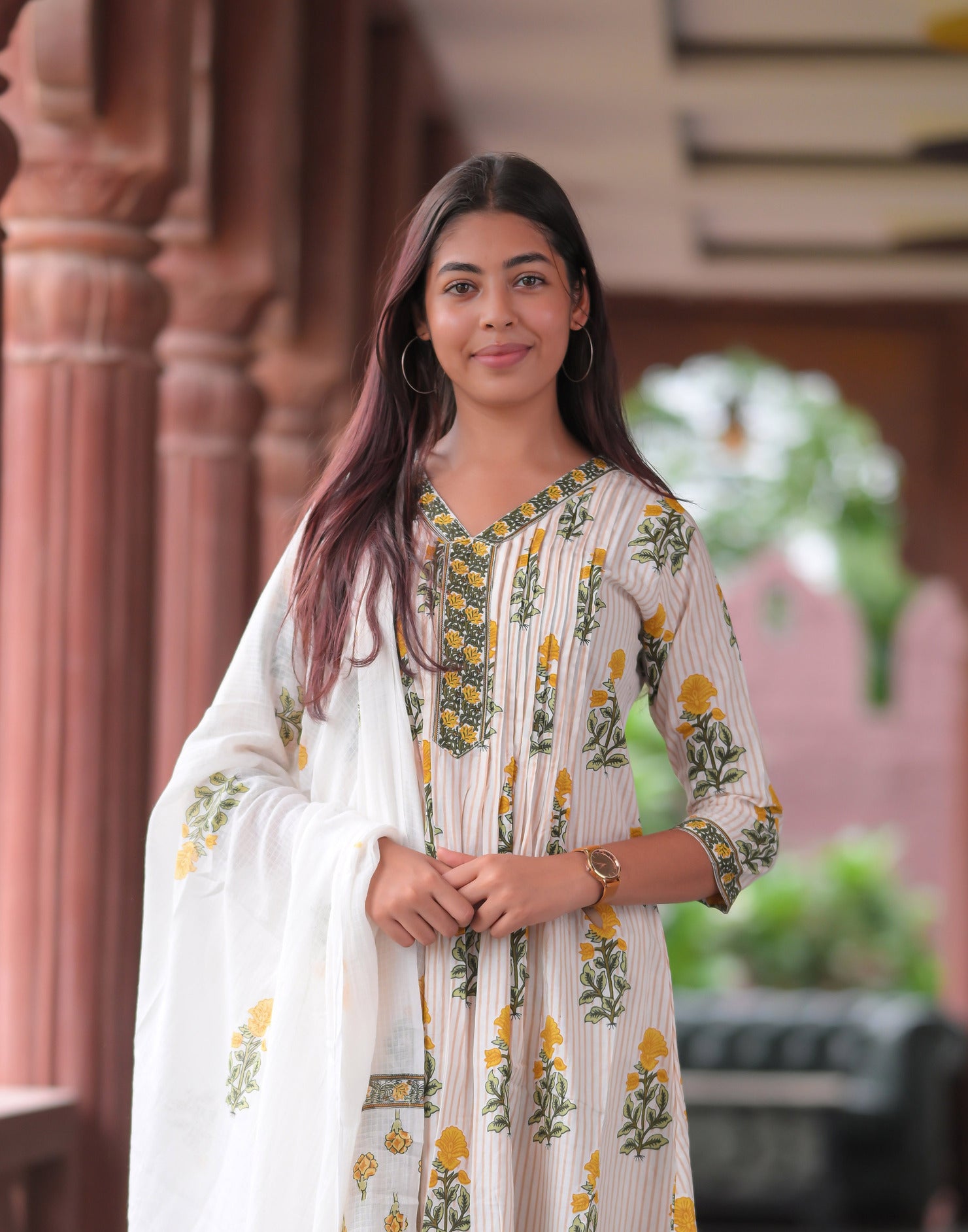 Arihantam Mustard Petal Stripe A-Line Cotton Printed Suit Set
