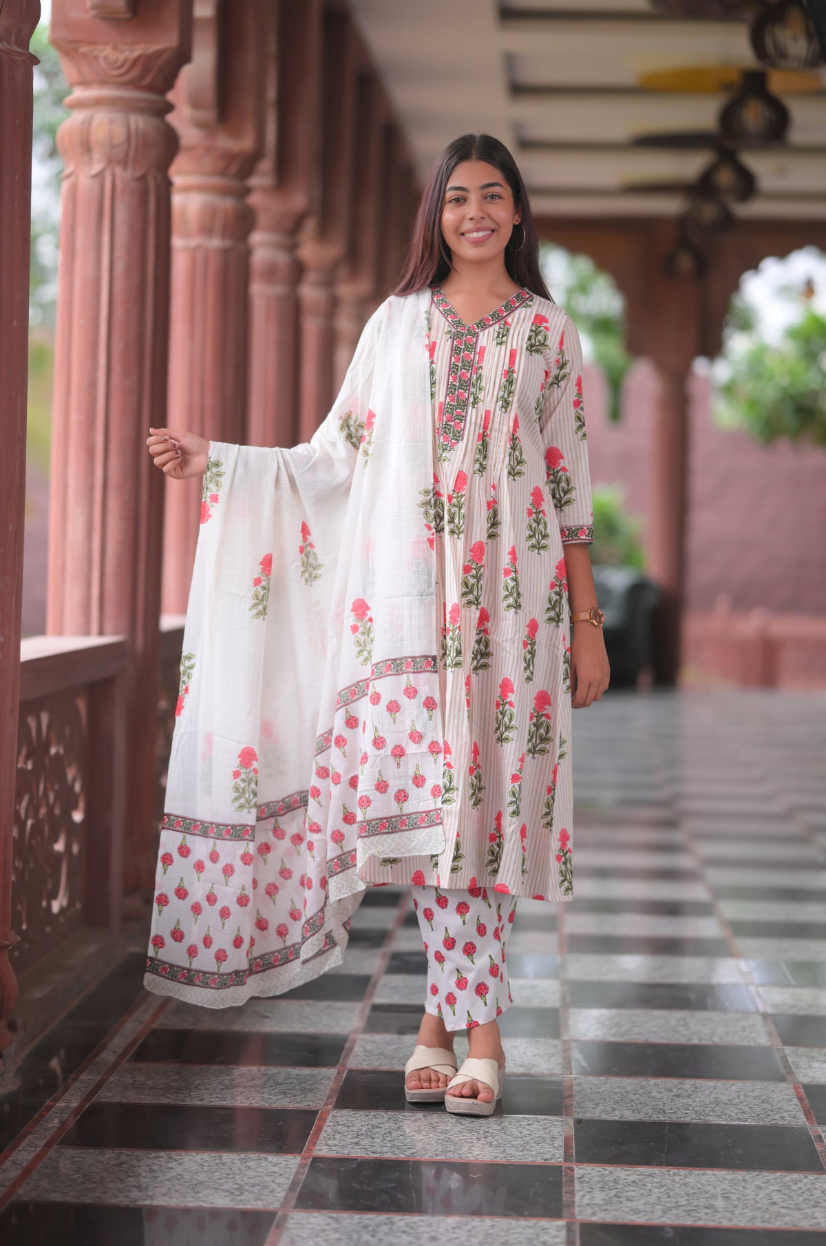 Arihantam Blush Rose Garden Hand-Block Printed Cotton Suit Set With Dupatta