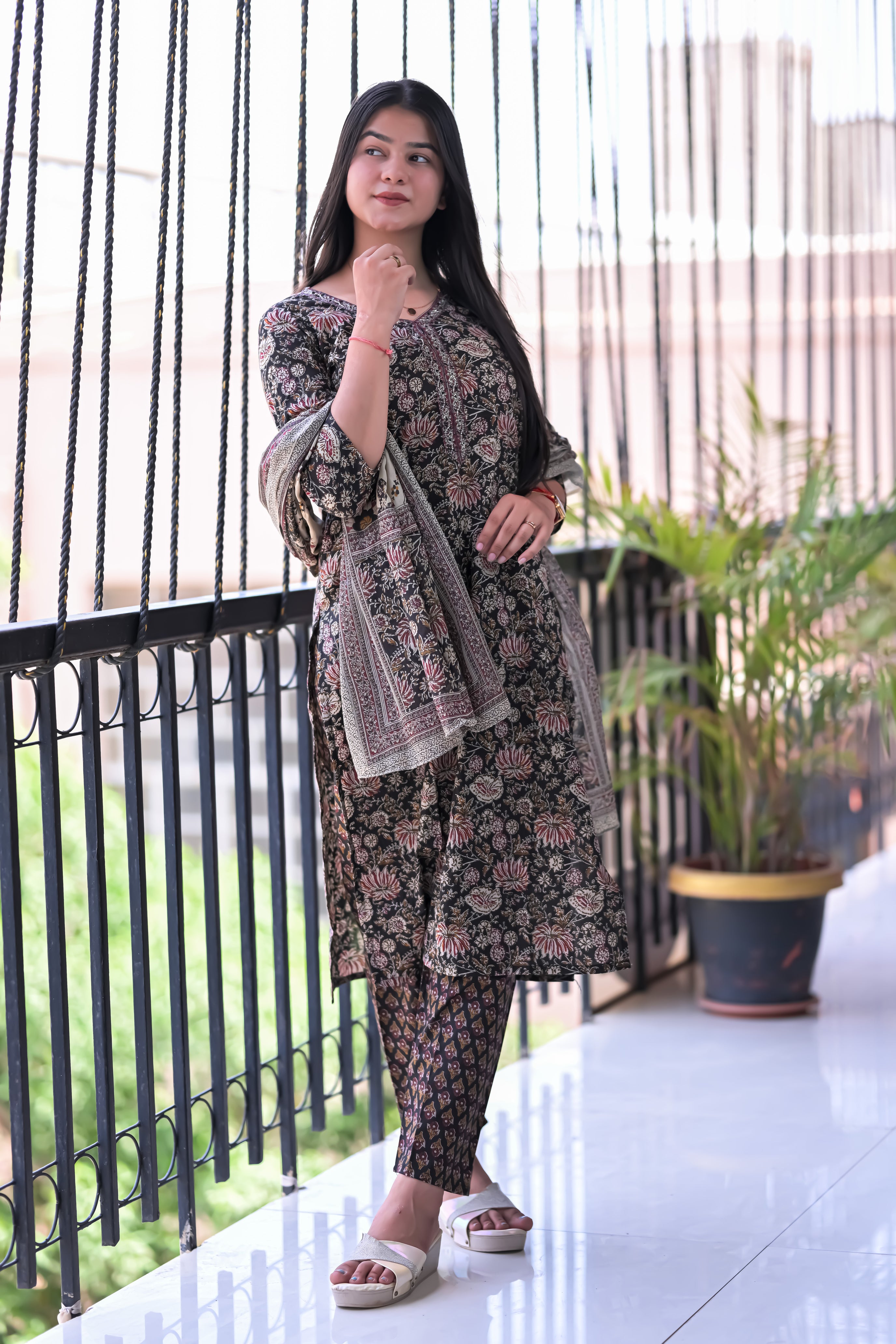 Arihantam Ebony Garden Hand-Block Printed Cotton Suit Set With Dupatta